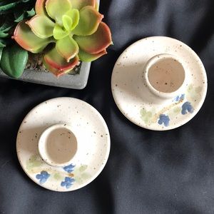 2 Hand Painted Glazed Pottery Candle Holders